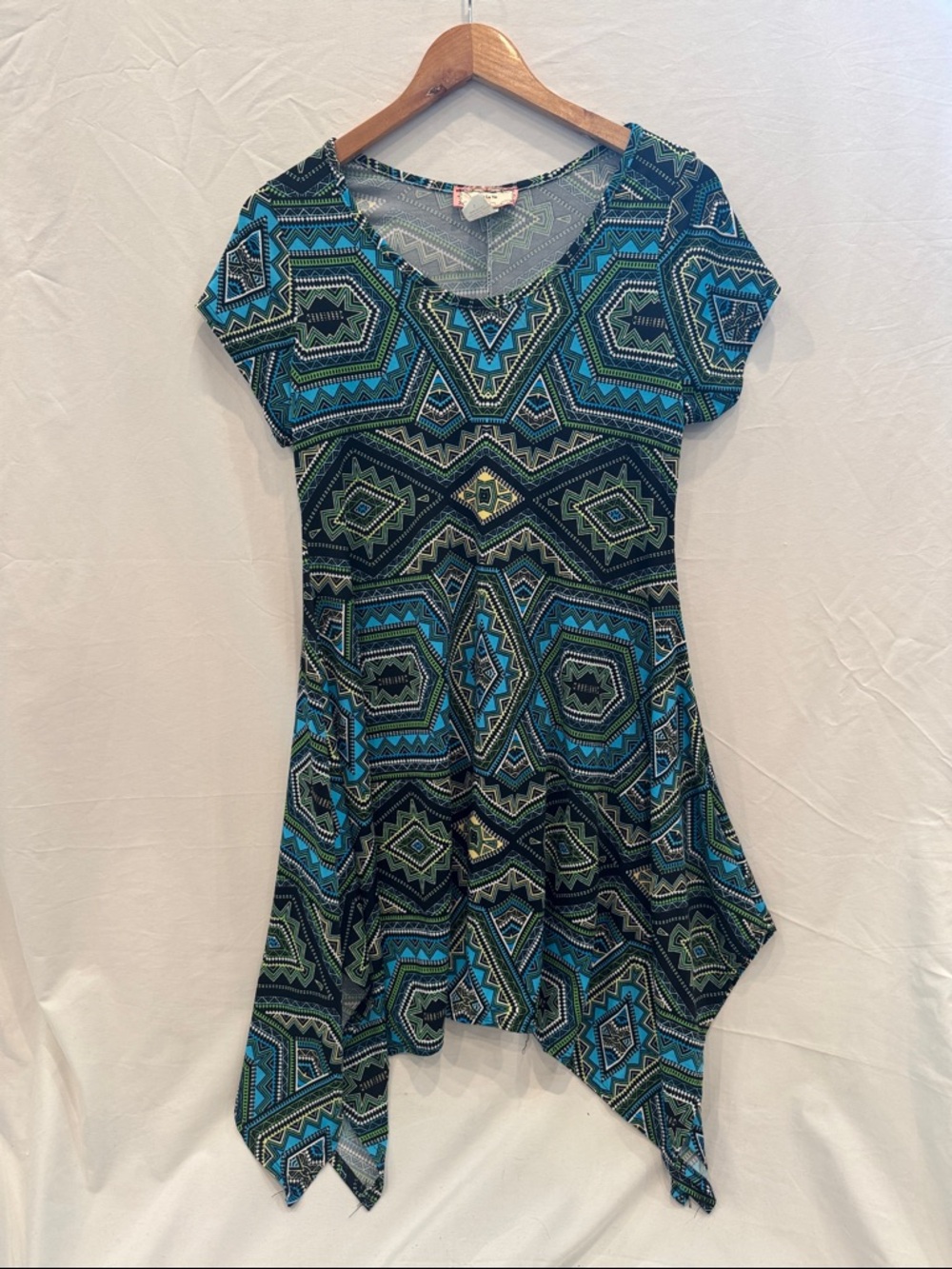 Vintage 90s Y2K Geometric Blue & Green Handkerchief Hem Slip Dress, Size Small